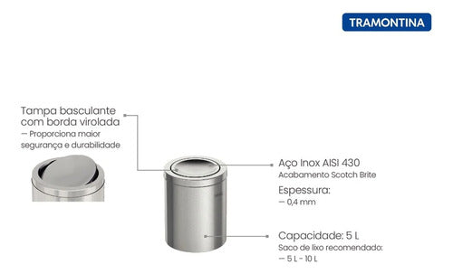 Lixeira Inox 5 Litros Swing Tampa Basculante Tramontina - Thony Ferragem