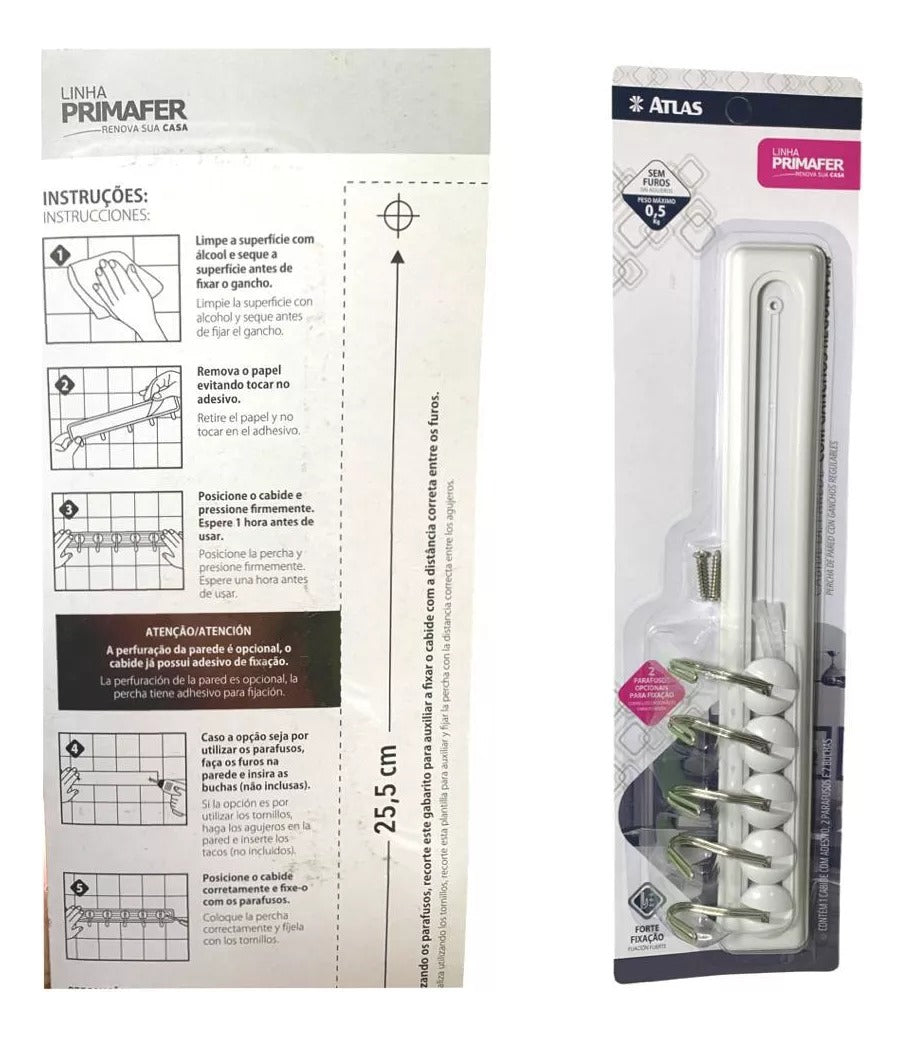 Cabideiro Adesivo Plástico Branco e Metal - Atlas - Thony Ferragem