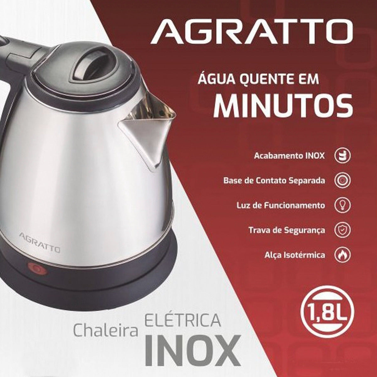 Chaleira Elétrica Inox 1,8L 1500W 220V Agratto - Thony Ferragem