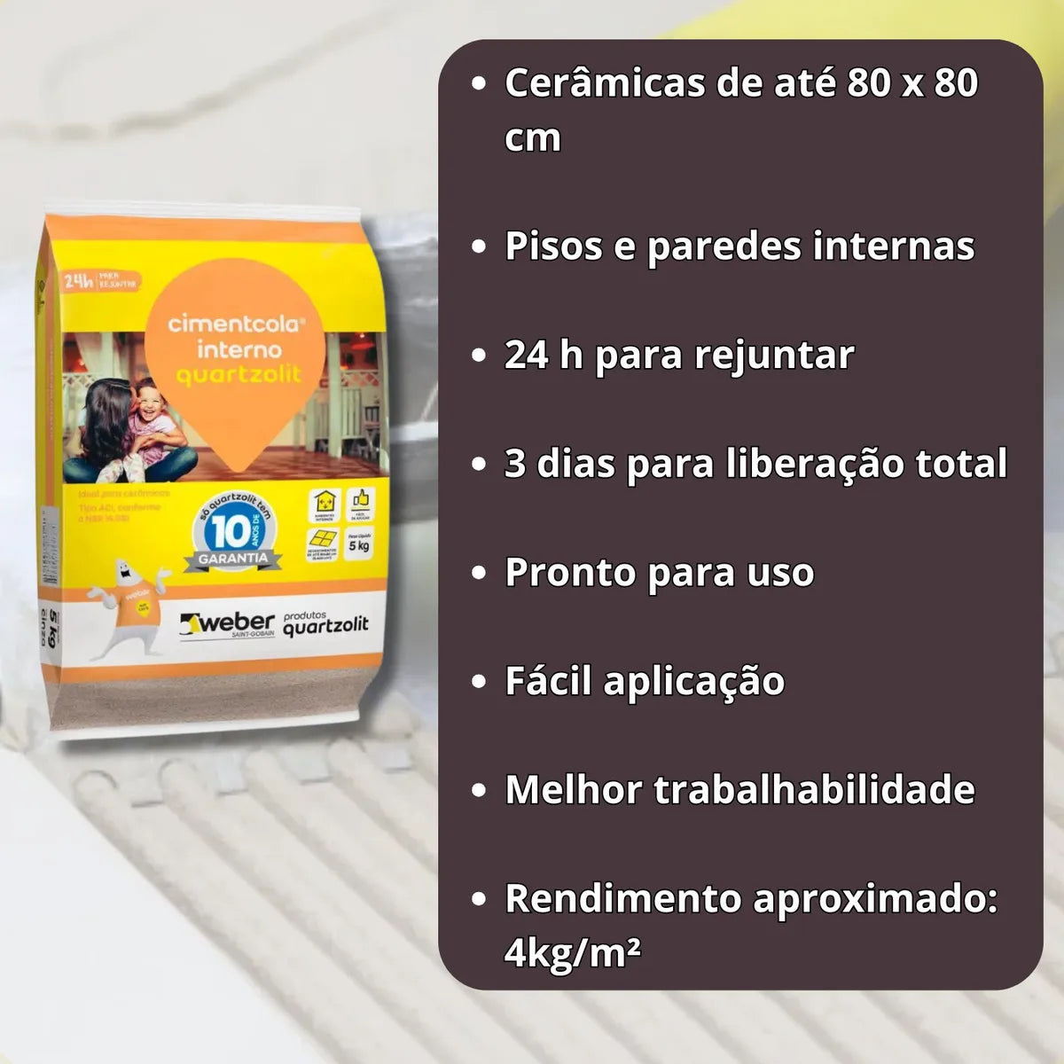 Cimentcola AC1 Interno Cinza 5kg Quartzolit - Thony Ferragem