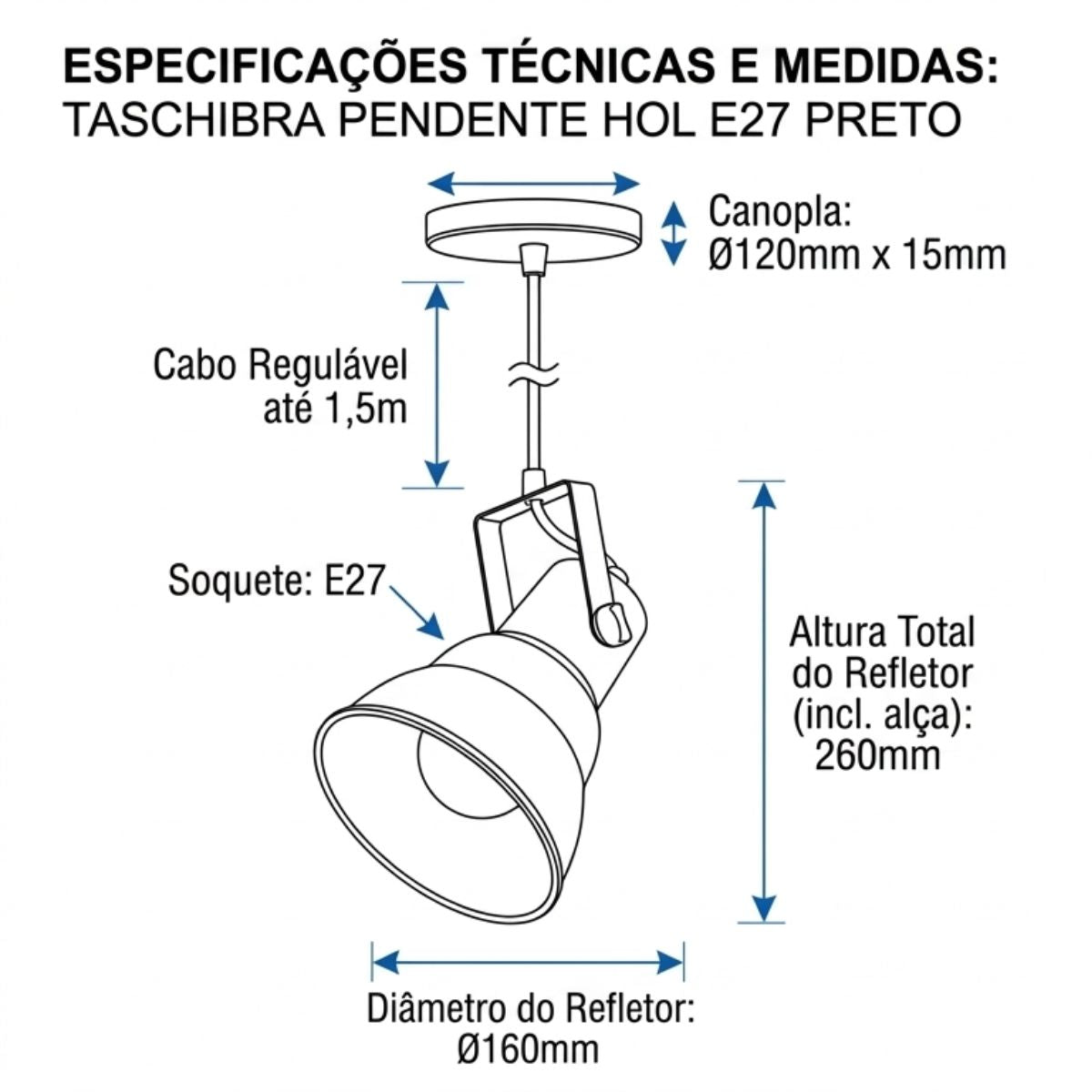 Luminaria Pendente Hol E27 Preto Taschibra