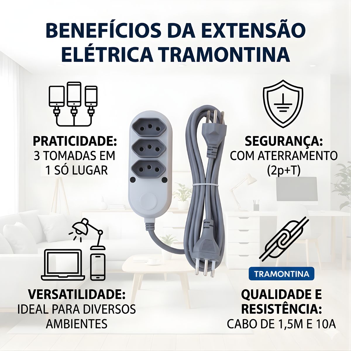 Extensao Eletrica 3 Tomadas 2p+T 10a/250v 1,5m Tramontina