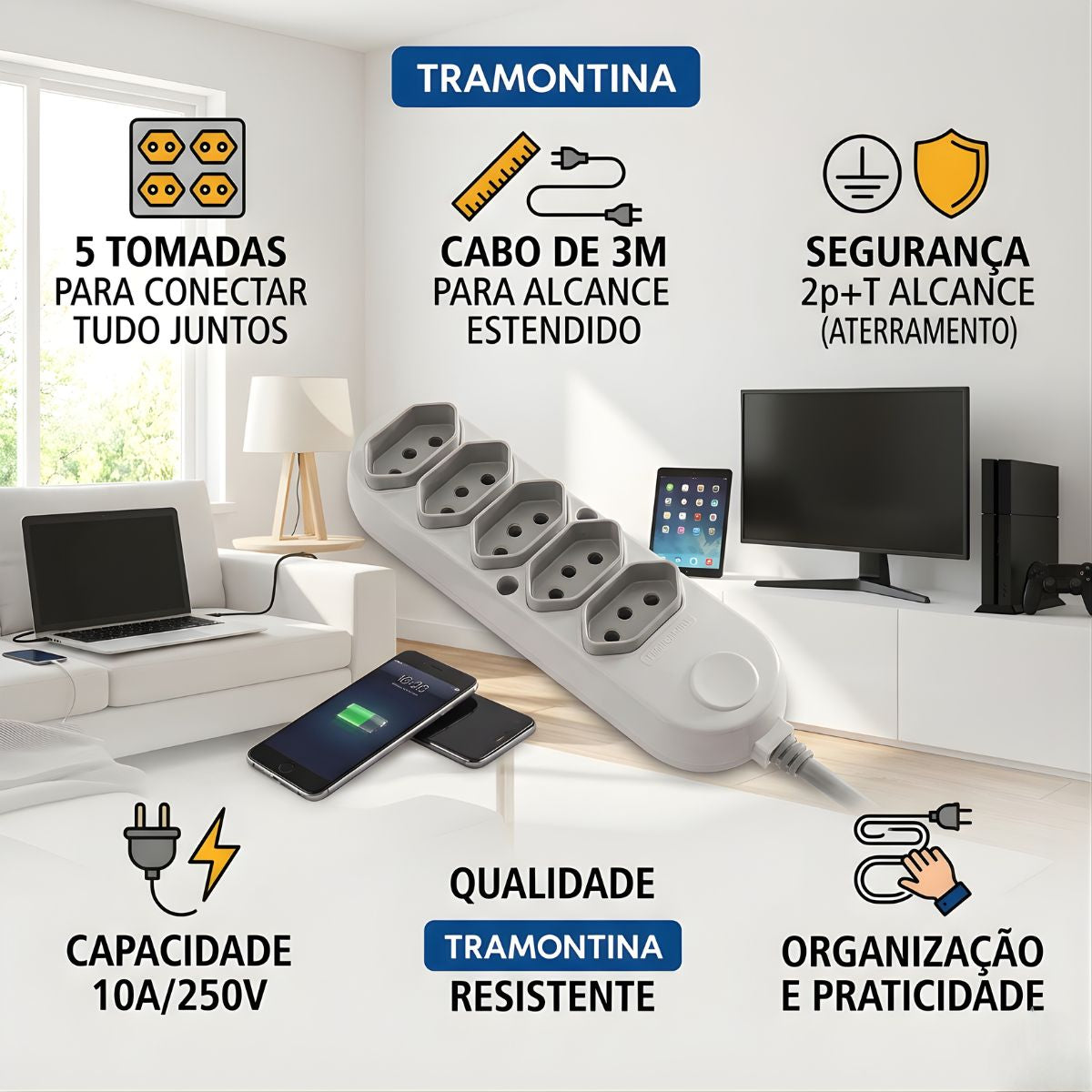 Extensao Eletrica 5 Tomadas 2p+T 10a/250v 3m Tramontina