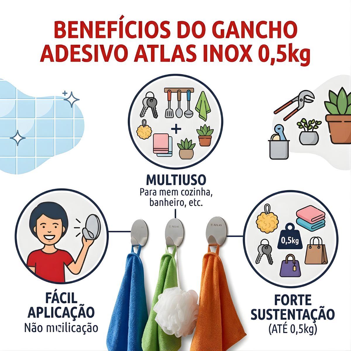 Gancho Adesivo Inox 0,5kg C/ 3 Peças Atlas