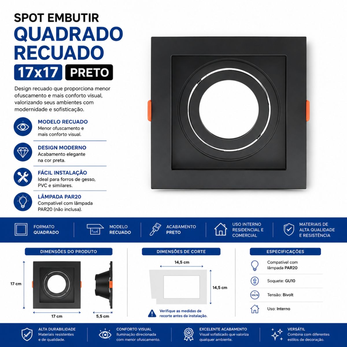 Spot Embutir Quadrado Recuado 17x17 Preto Taschibra
