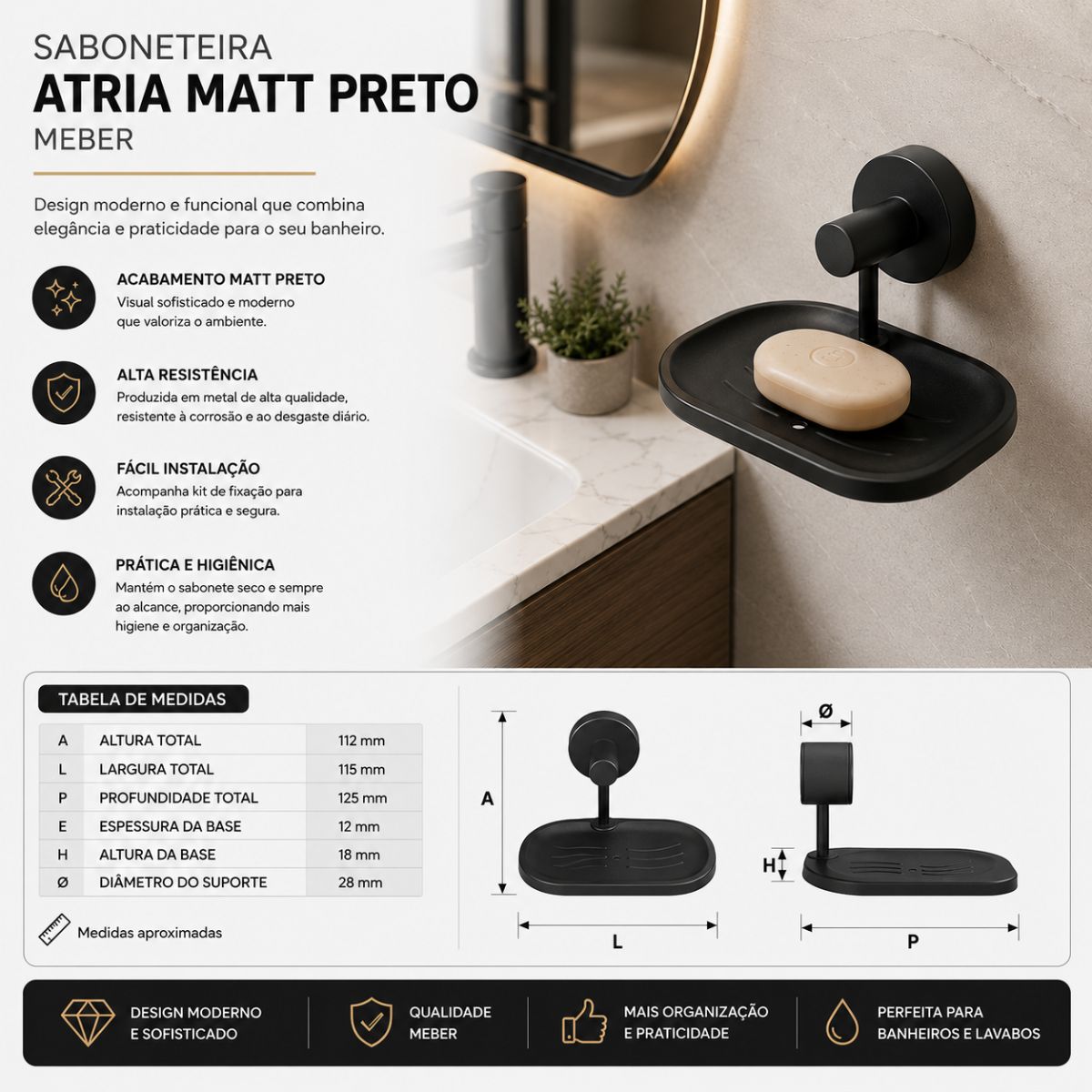 Saboneteira Atria Matt Preto Meber