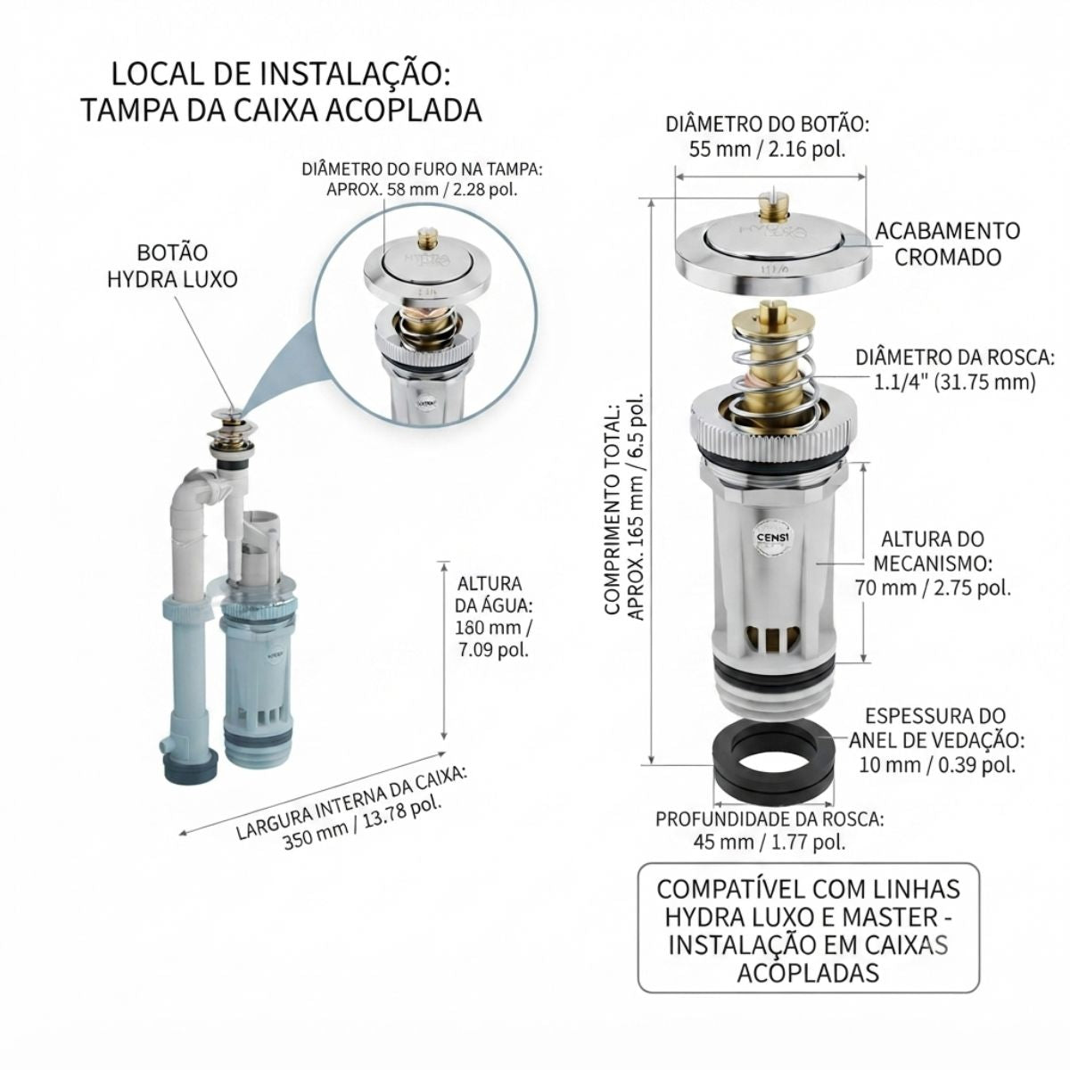 Acionador Válvula Descarga Hydra Luxo/Master 1.1/4 Censi
