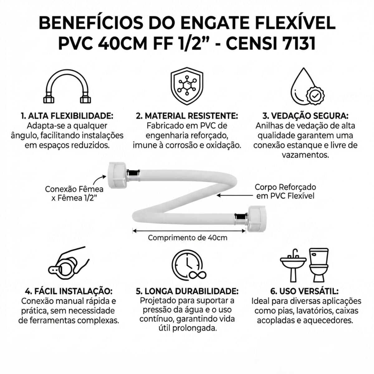 Engate Flexível PVC Ultraresistente Fêmea x Fêmea 1/2" 40 cm Censi – Ref. 7131