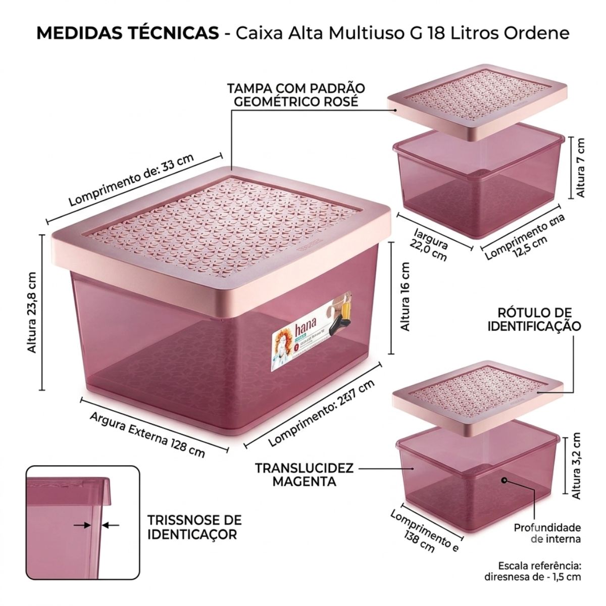 Caixa Alta Multiuso G 18 Litros com Tampa Rosé Ordene