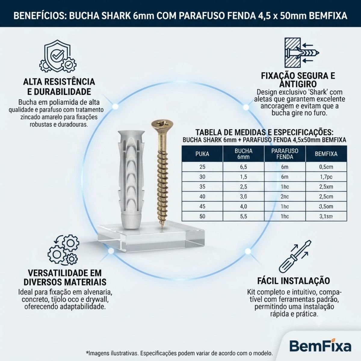 Bucha Shark 6mm com Parafuso Fenda 4,5 x 50mm BemFixa