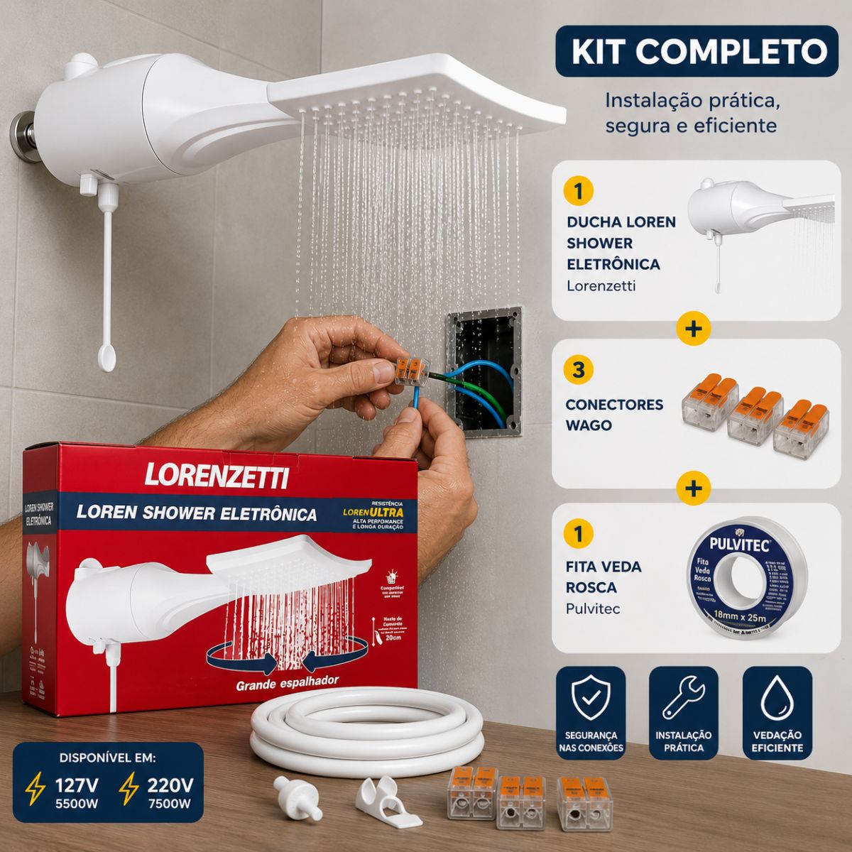 Kit Completo Ducha Lorenzetti Loren Shower Ultra Eletrônica + 3 Wago + Veda Rosca