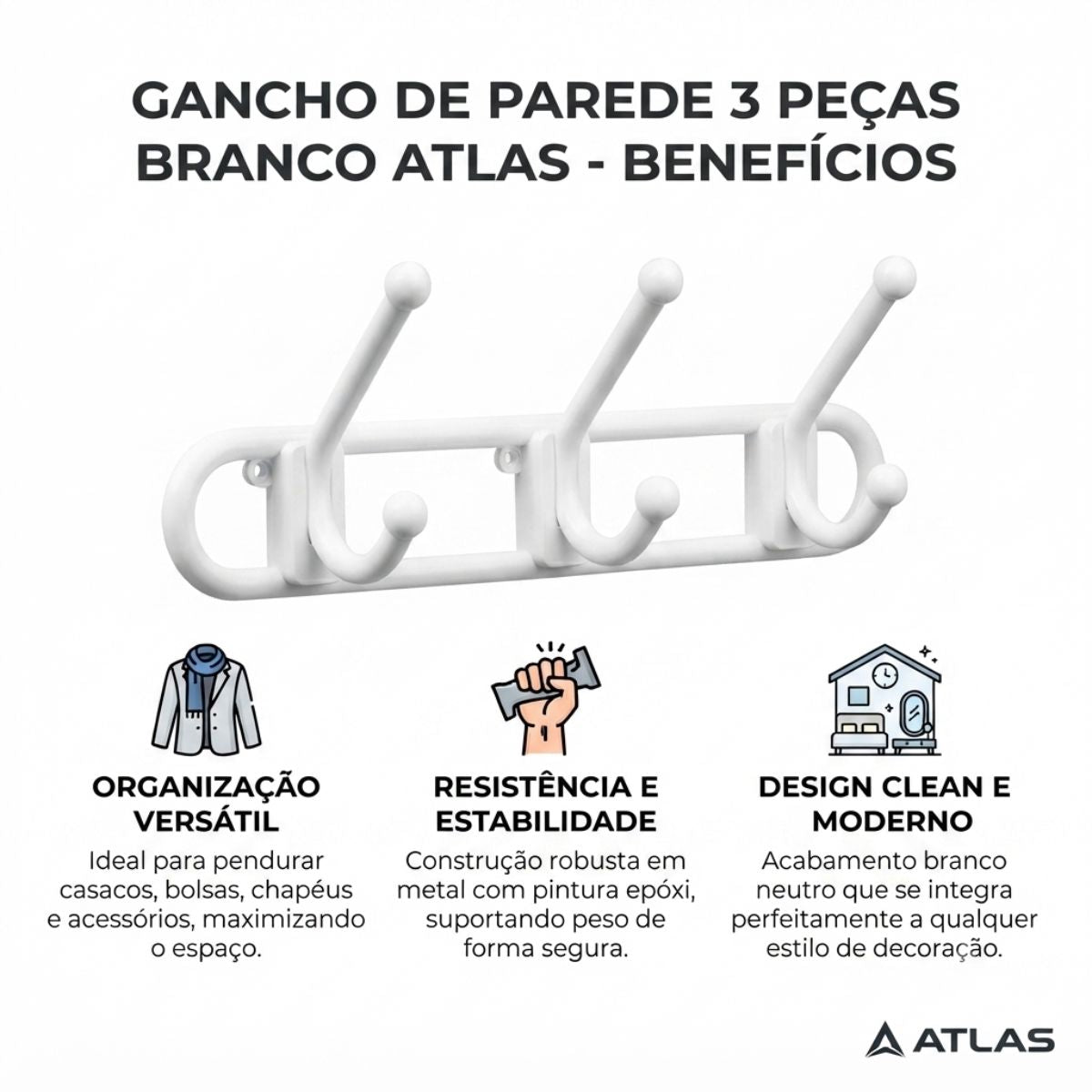 Gancho de Parede 3 Peças Branco Atlas