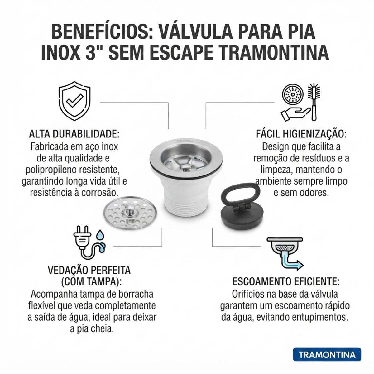 Válvula para Pia Inox 3" sem Escape Tramontina