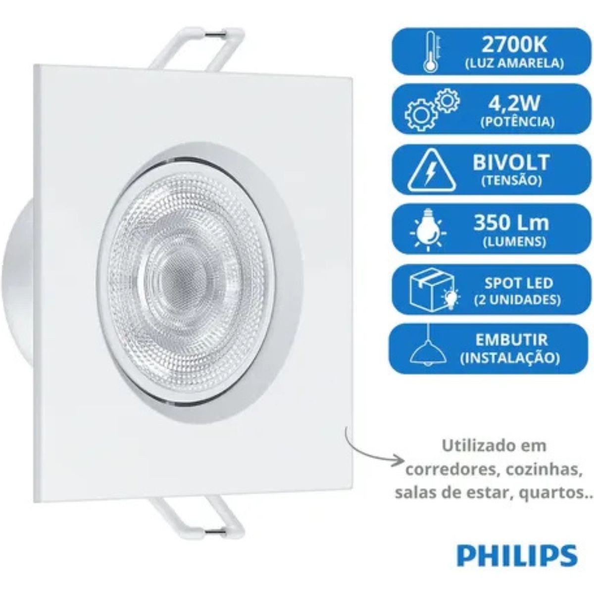 Spot LED Spotkit SL052 Quadrado 4,2W 2700K 350lm Philips