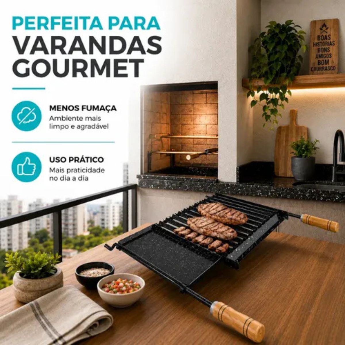 Grelha Churrasco Esmaltada 60x41 cm com Chapa Auxiliar Qualinox