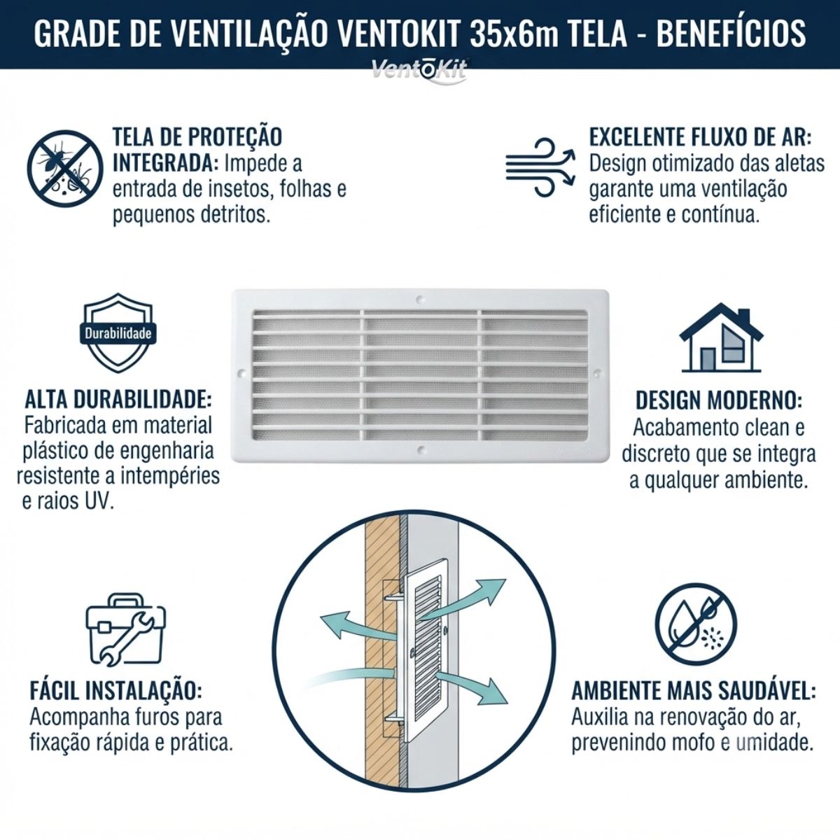 Grade de Ventilação Ventokit 35x16cm com Tela Ventokit