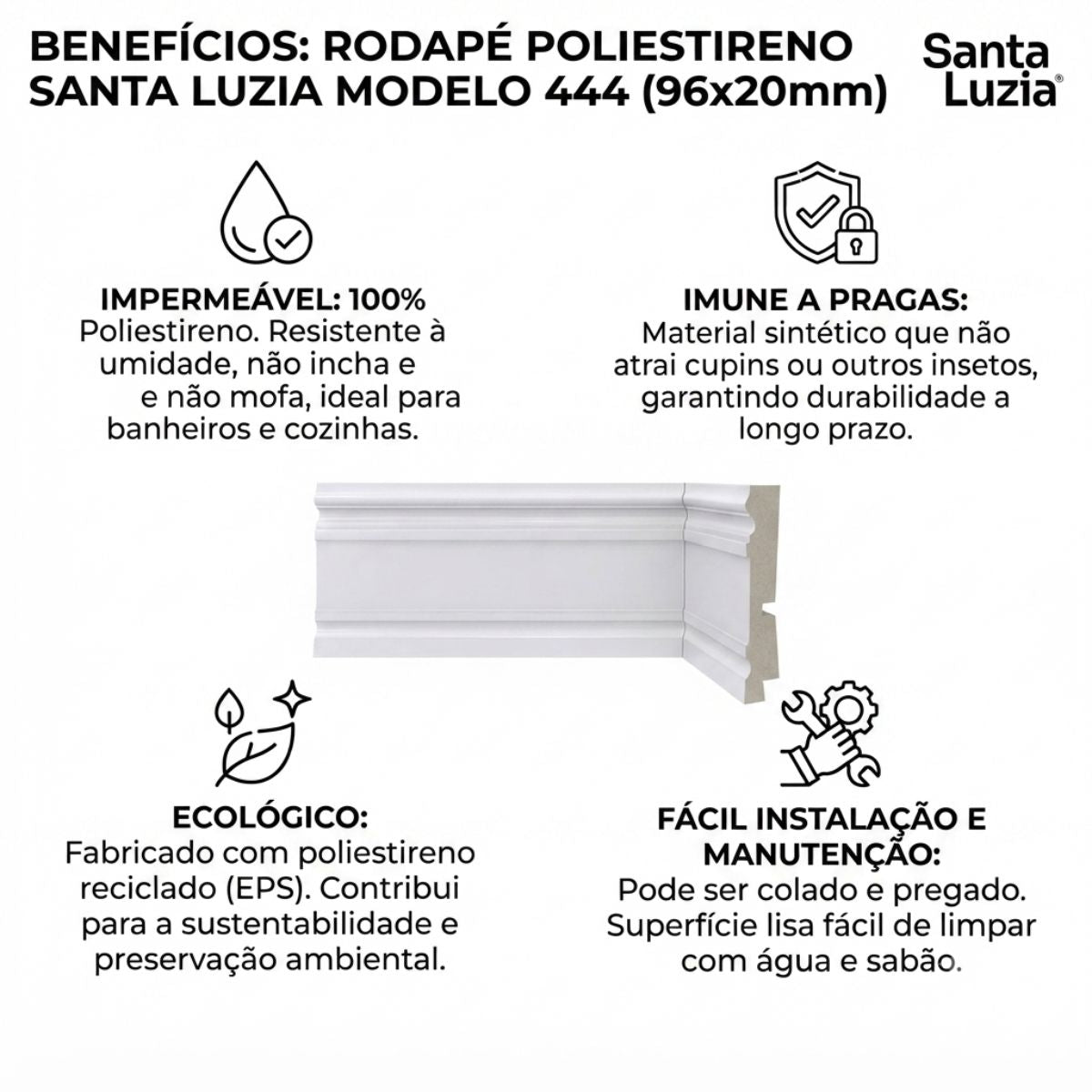 Rodapé Poliestireno Branco BR 240cm Modelo 444 96x20mm Santa Luzia