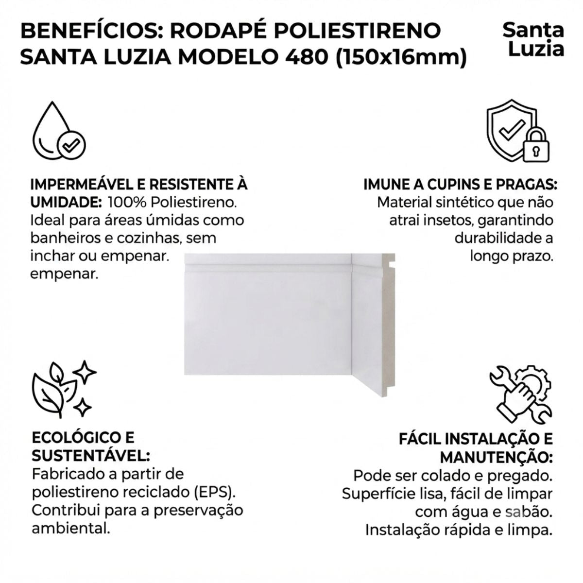 Rodapé Poliestireno Branco 240cm Modelo 480 150x16mm Santa Luzia