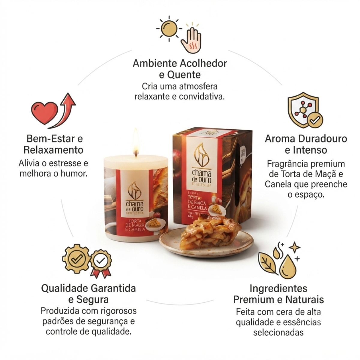 Vela Perfumada Premium 60g Torta de Maçã e Canela Chama de Ouro