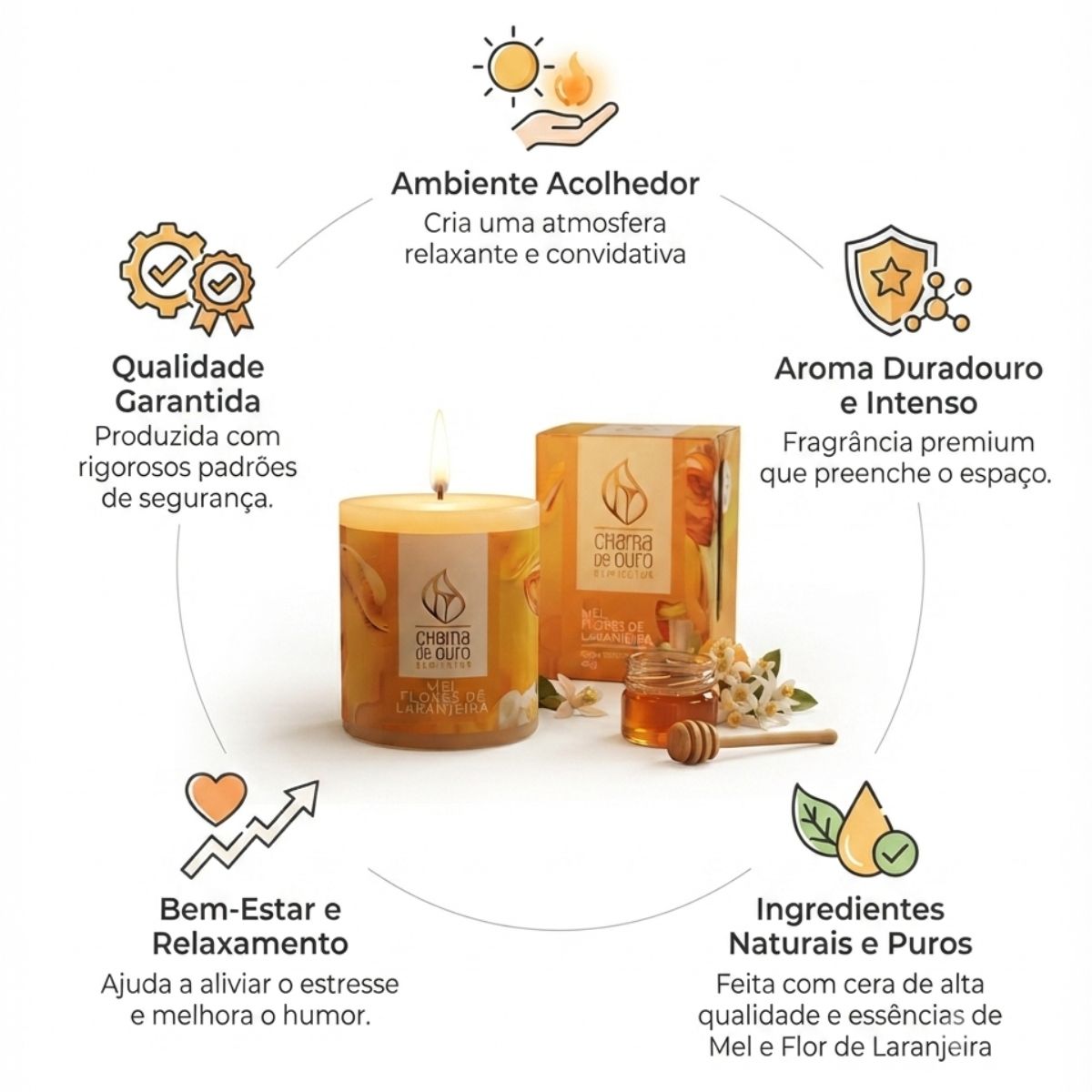 Vela Perfumada Premium 60g Mel/Flor De Laranjeira Chama de Ouro