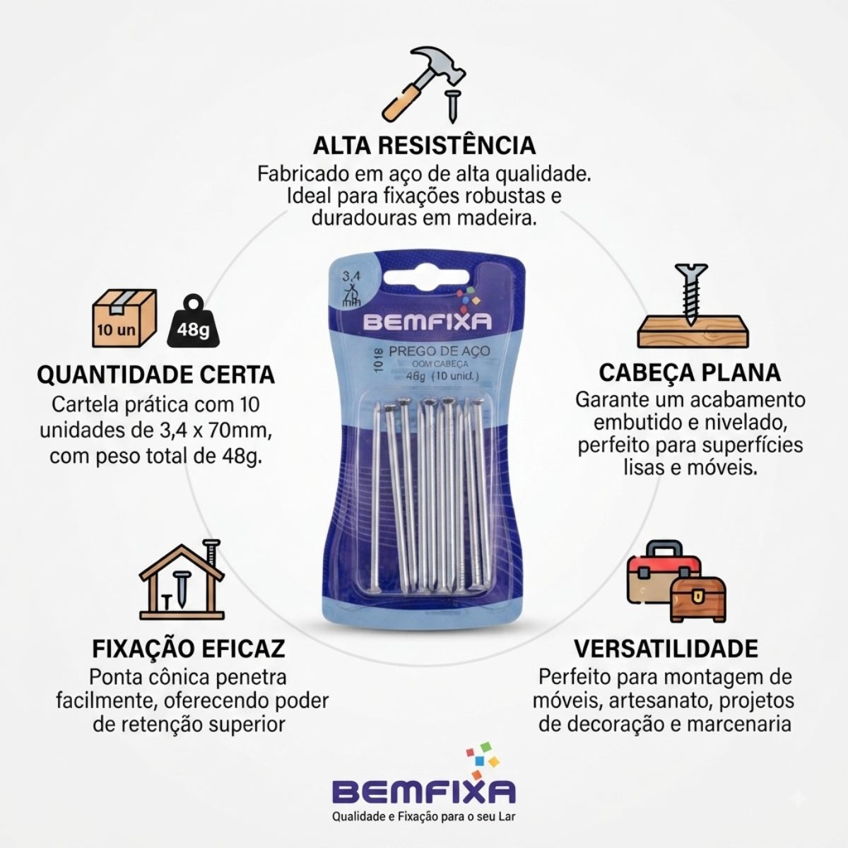 Cartela Prego de Aço 3,00 x 50mm sem Cabeça 10 Peças BemFixa