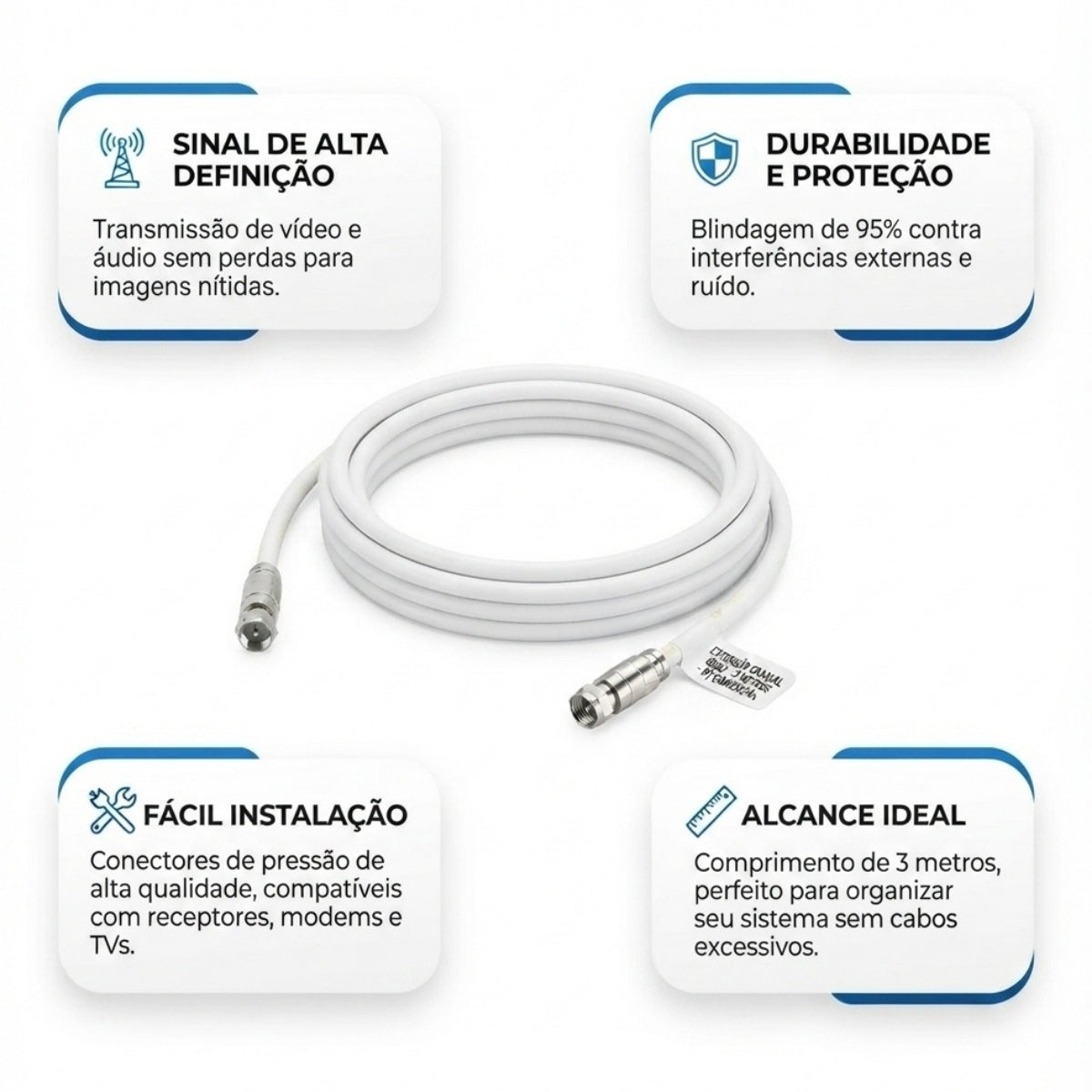 Extensão Coaxial RG6U 95 2 Conectores de Pressão 5 Metros RT Comercial