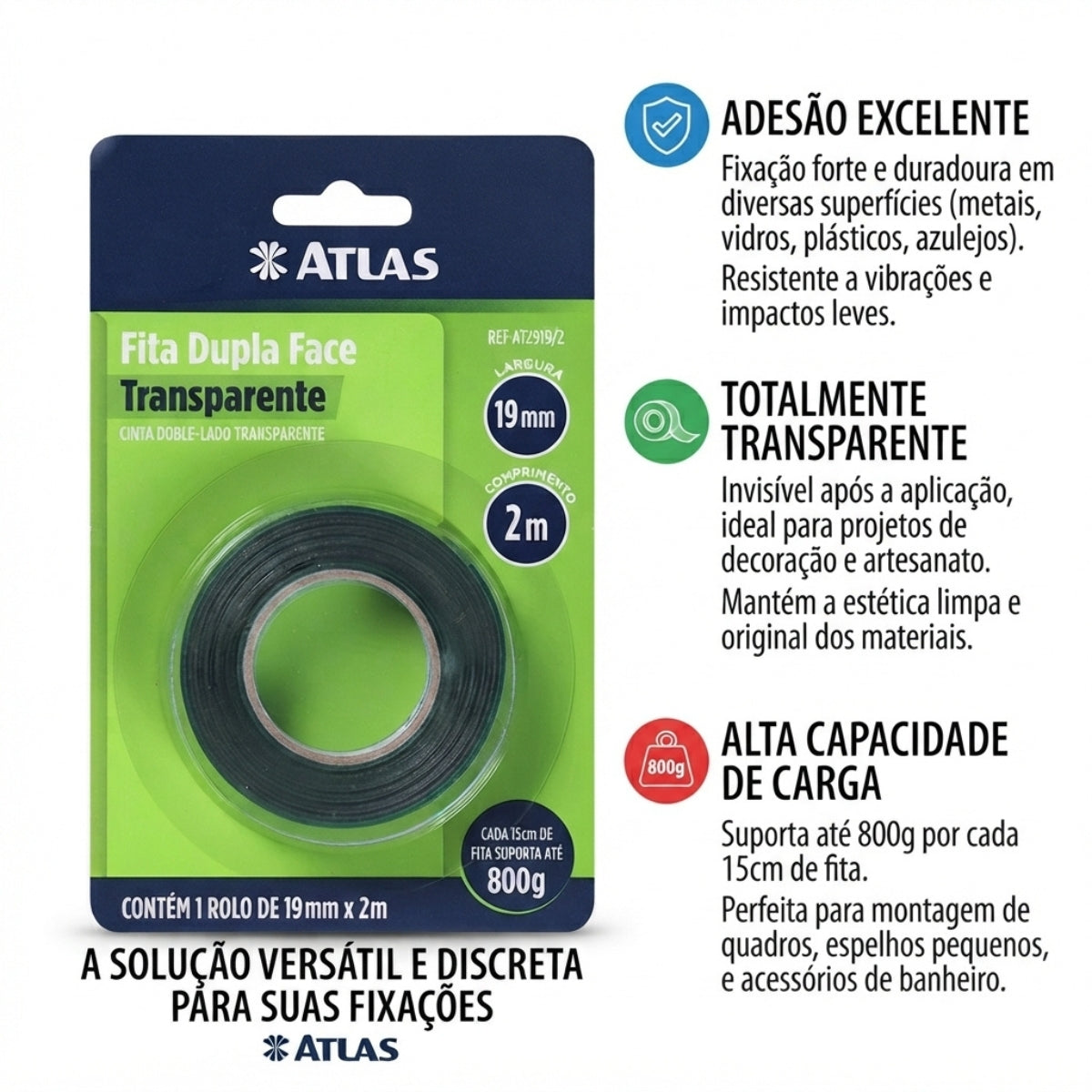 Fita Dupla Face Transparente 19mm x 2m Atlas