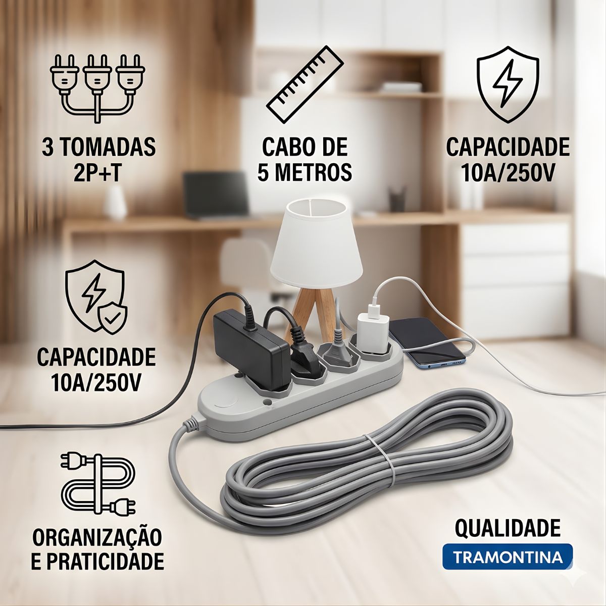 Extensao Eletrica 3 Tomadas 2p+T 10a/250v 5m Tramontina