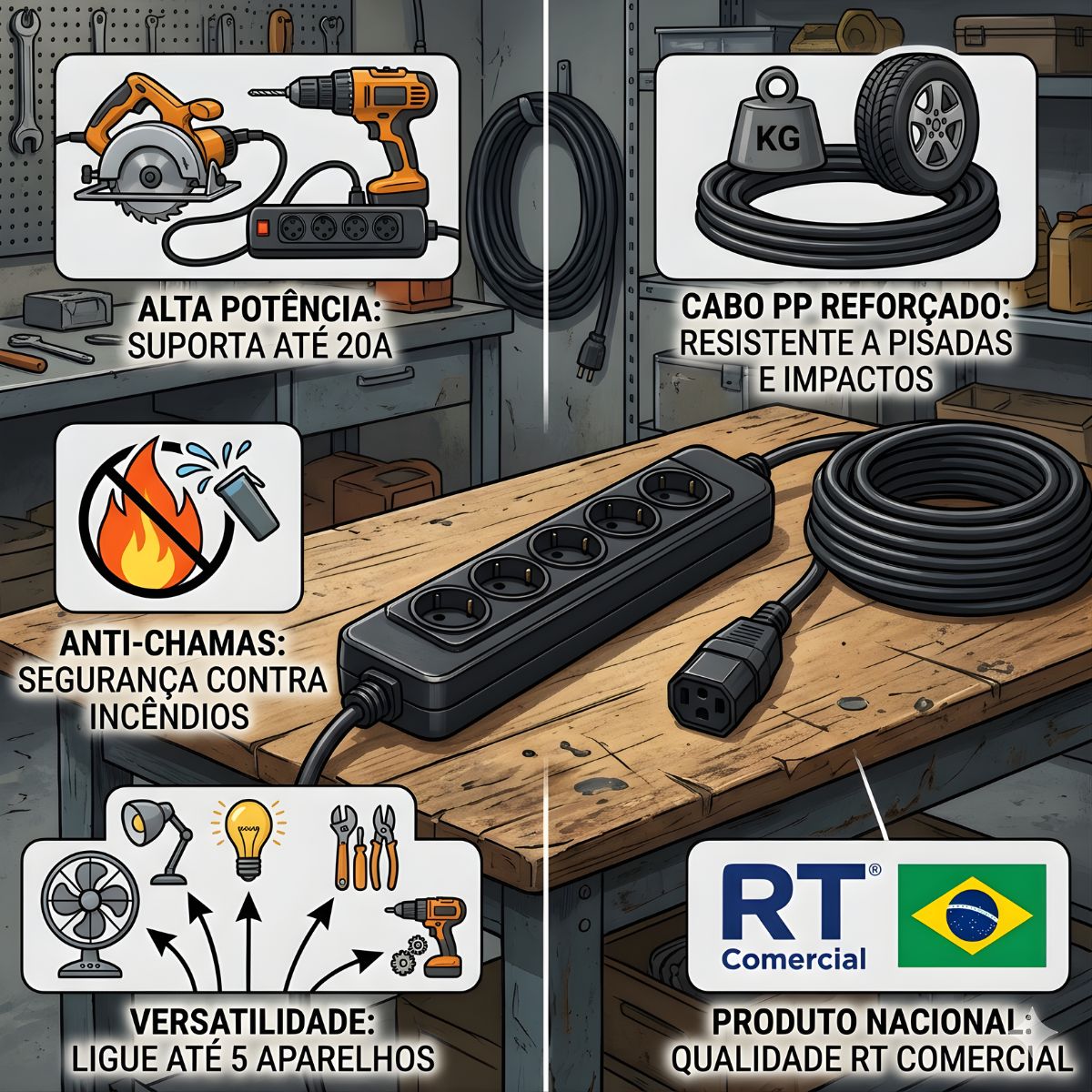 Extensão Elétrica 5 Tomadas 20A Cabo PP RT Comercial