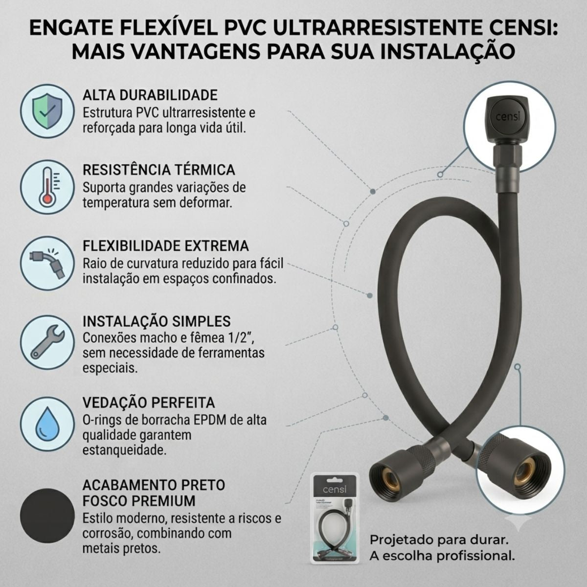 Engate Flexível PVC Ultrarresistente Macho x Fêmea 1/2" Preto Fosco Censi