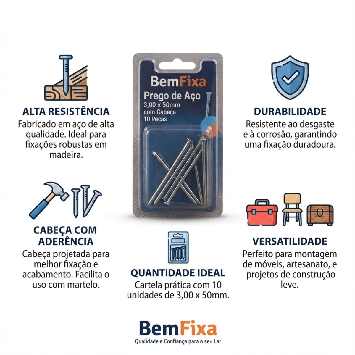 Cartela Prego de Aço 3,00 x 50mm com Cabeça 10 Peças BemFixa