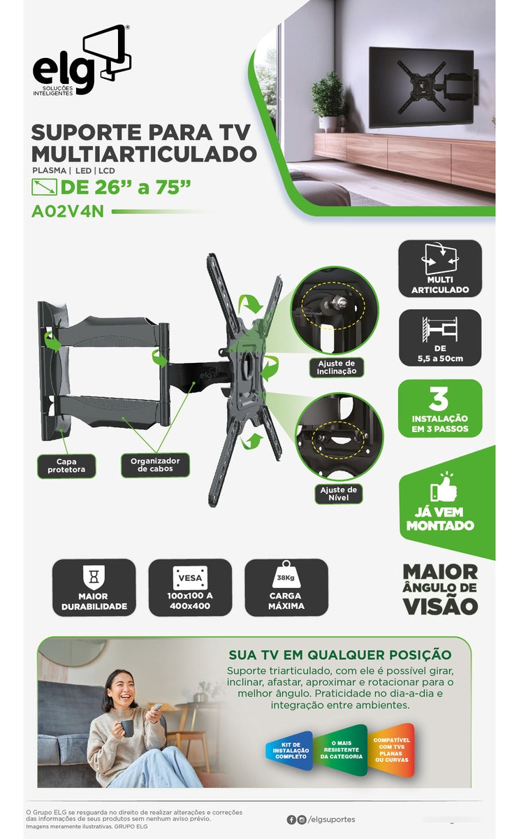 Suporte Articulado 4 Movimentos Tv 26" A 55" ELG - Thony Ferragem