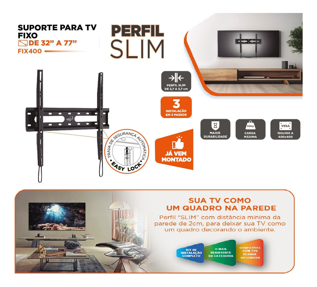 Suporte Fixo Tv Monitor Led Lcd 32" A 77" ELG - Thony Ferragem