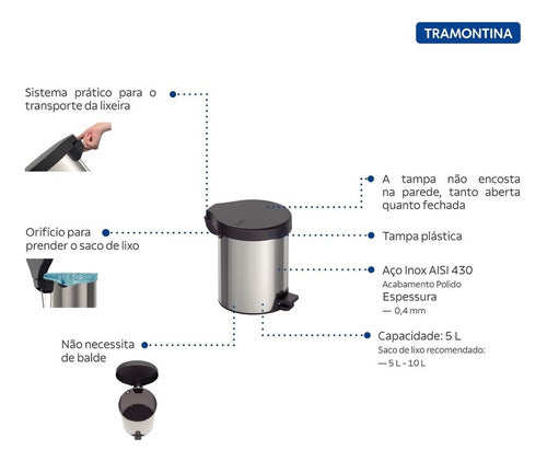Lixeira Inox C/ Pedal 5l Tampa Preta Tramontina - Thony Ferragem