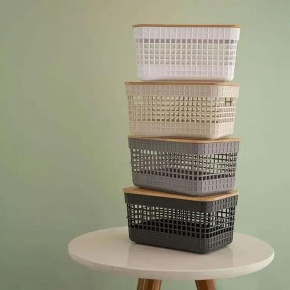 Cesto Grid C Tampa Bambu 20l Branco OU - Thony Ferragem