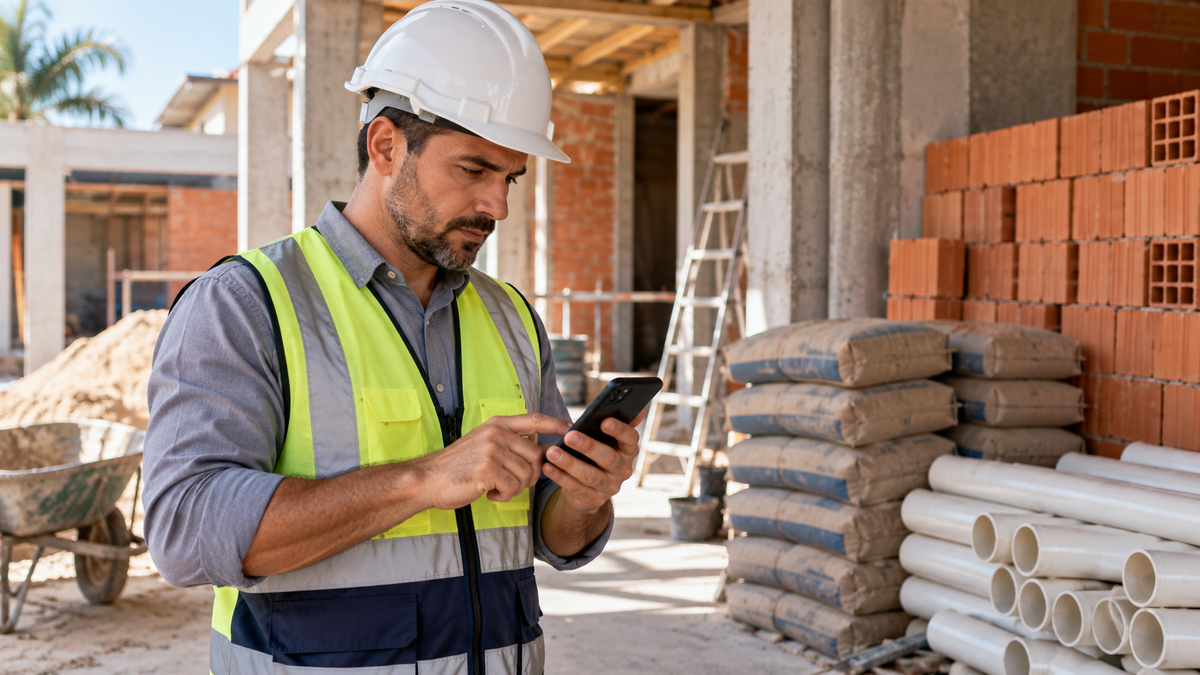 Engenheiro conferindo lista de materiais no celular para orçamento de obra