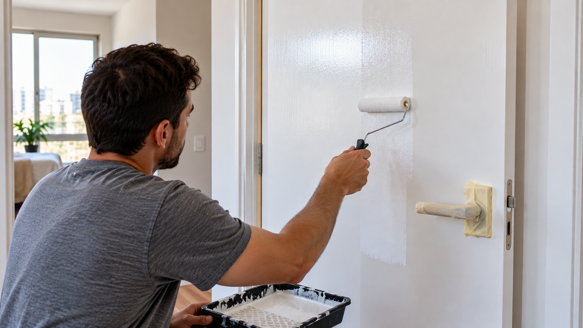 Pintura de porta de madeira com esmalte acetinado branco e rolo de espuma