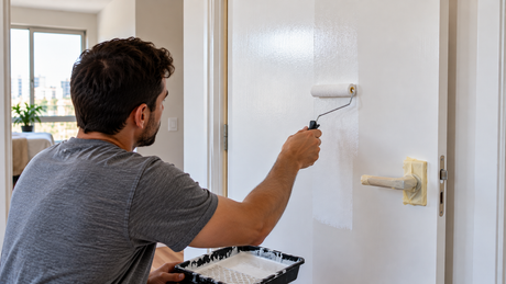 Pintura de porta de madeira com esmalte acetinado branco e rolo de espuma