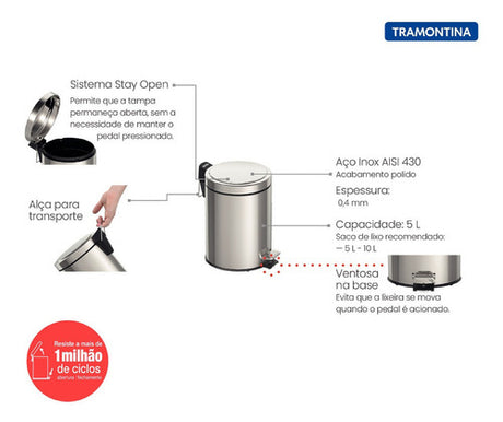 Lixeira Inox Com Pedal Em Aço 5l Tramontina - Thony Ferragem