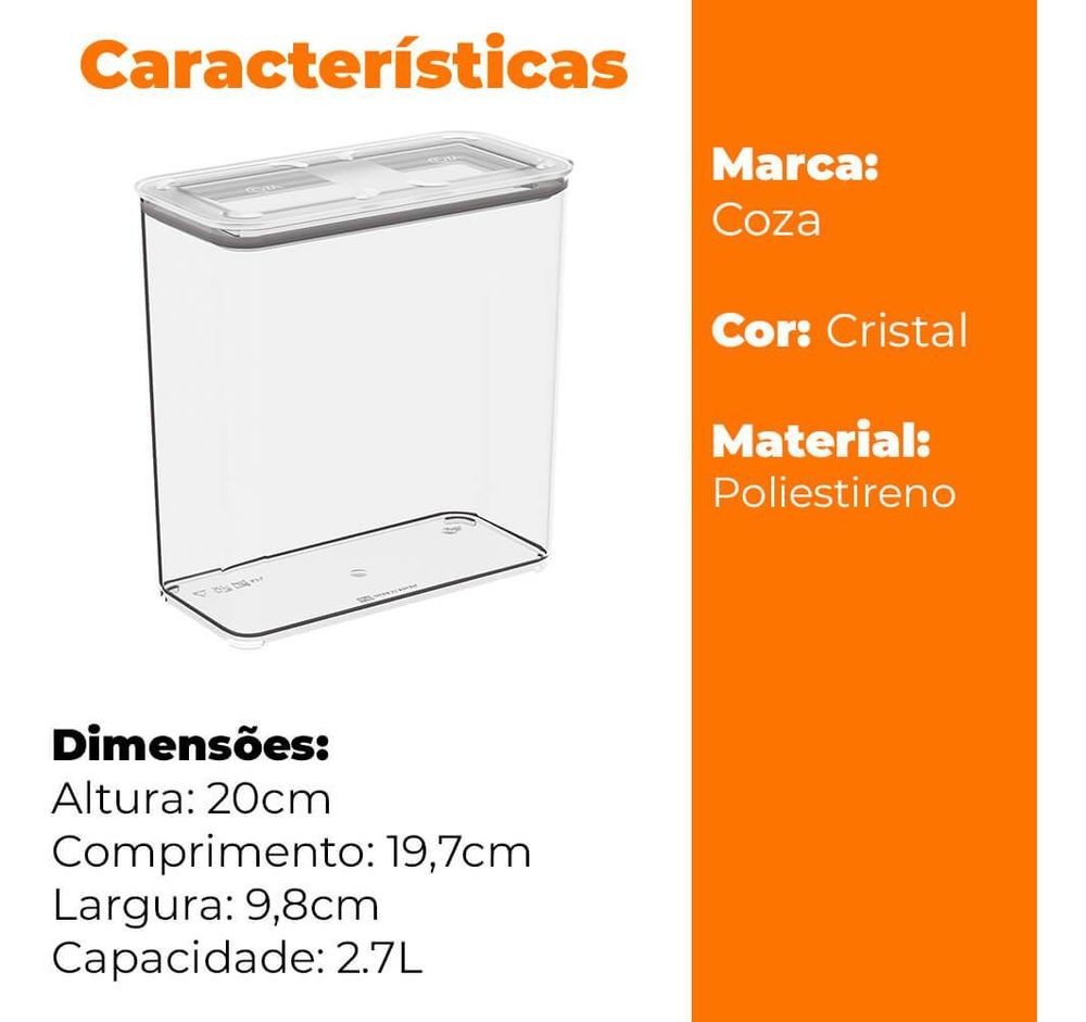 Pote Hermético Modo Capacidade 2,7l Retangular Coza