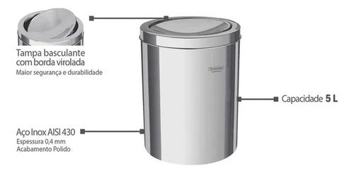 Lixeira Inox 5 Litros Swing Tampa Basculante Tramontina - Thony Ferragem
