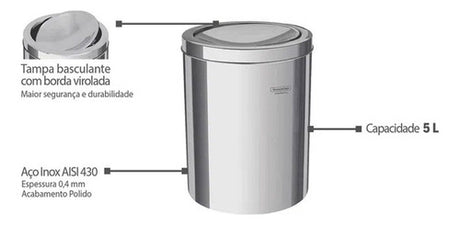 Lixeira Inox 5 Litros Swing Tampa Basculante Tramontina - Thony Ferragem
