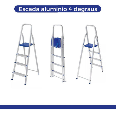 Escada Alumínio 4 Degraus  Prateado/ Azul 5102 Mor - Thony Ferragem