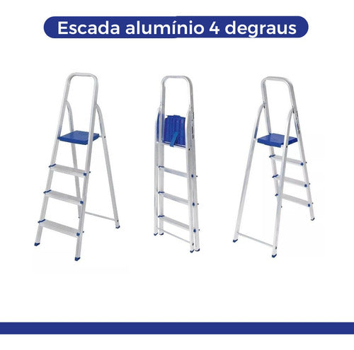 Escada Alumínio 4 Degraus  Prateado/ Azul 5102 Mor