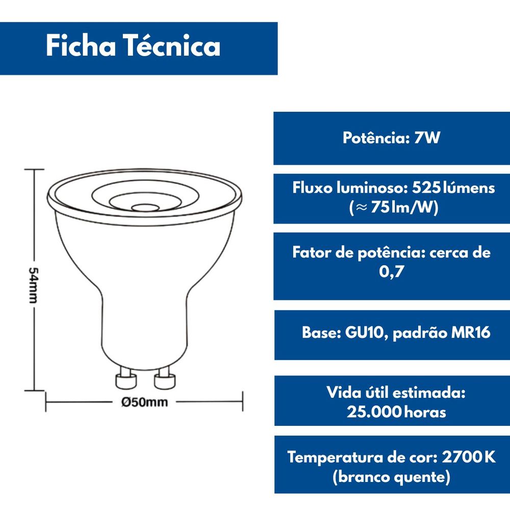 KIT 6   LAMPADA DICROICA TDL 50 7W 2700K GU10