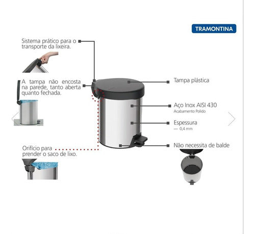 Lixeira Inox C/ Pedal 5l Tampa Preta Tramontina