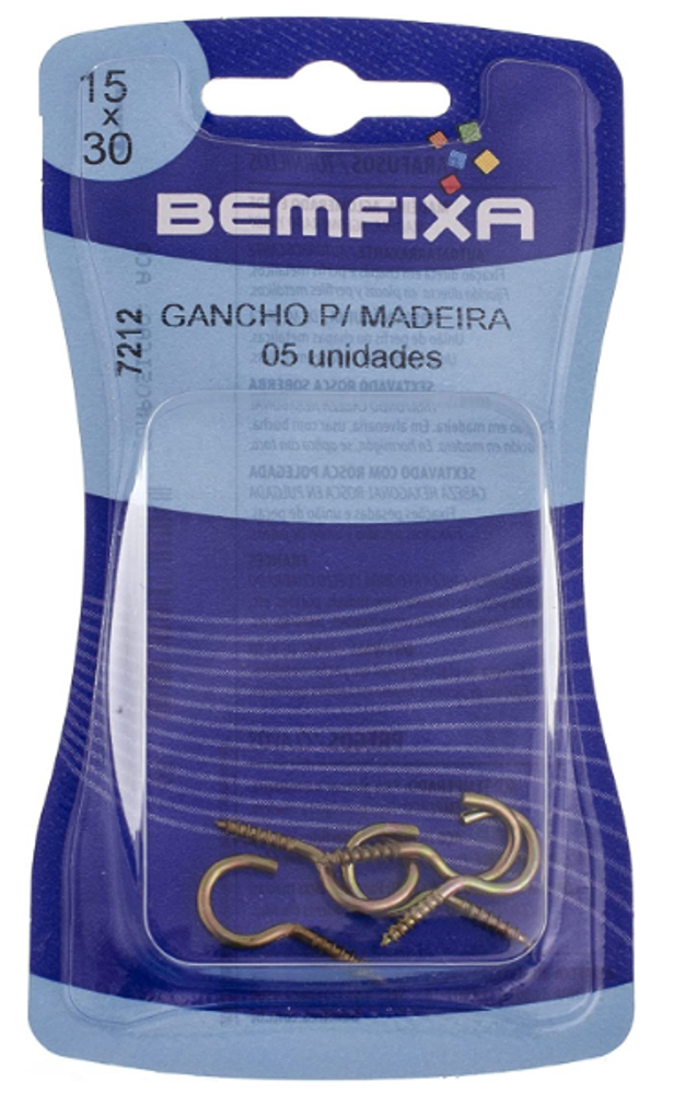 Cartela Gancho Rosca P/Madeira 15x30mm BemFixa - Thony Ferragem