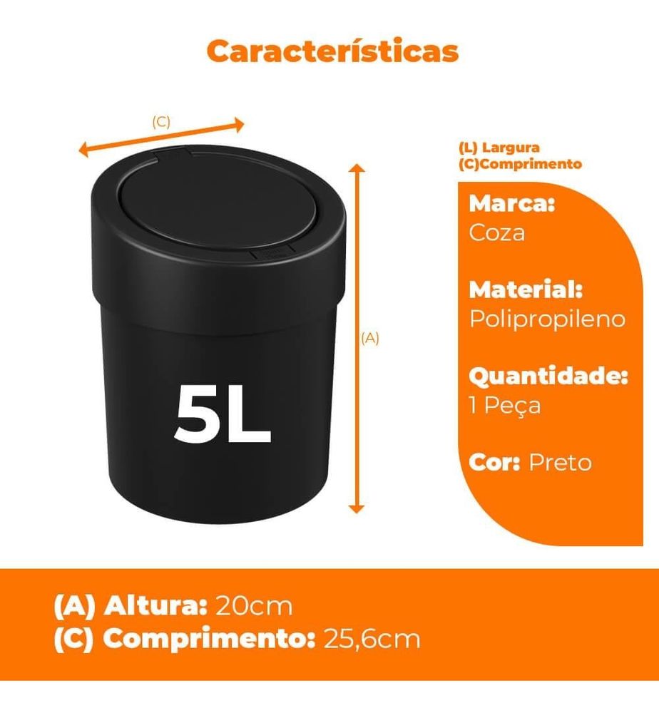 Lixeira Press 5L Preto Coza - Thony Ferragem