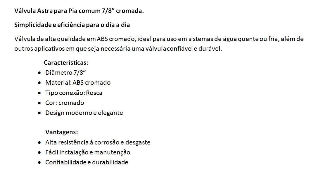 Válvula para Pia Cromada sem Unho VP2/S Astra - Thony Ferragem