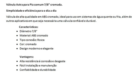Válvula para Pia Cromada sem Unho VP2/S Astra - Thony Ferragem